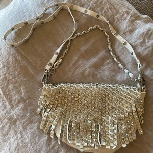 White leather Rhinestone Fringe Crossbody Bag